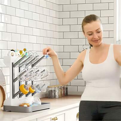 12-Slot Vertical Bottle Drying Rack, Detachable & Easy To Install, Desktop Cup Drying Rack, Bottle & Nipple Drying Rack, Kitchen Cup Organizer, Essential For Breastfeeding Families