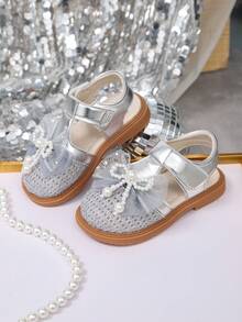 儿童时尚百搭镂空休闲凉鞋，女童蝴蝶结可爱幼儿凉鞋，包头公主凉鞋 - 銀色 - 查看 6