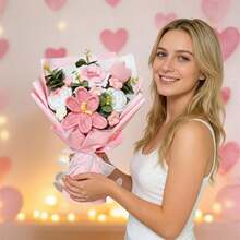 Crochet Flower Bouquet Knitted Roses Tulips Artificial Flower Bouquets Presents For Valentines Day - Pink - View 1