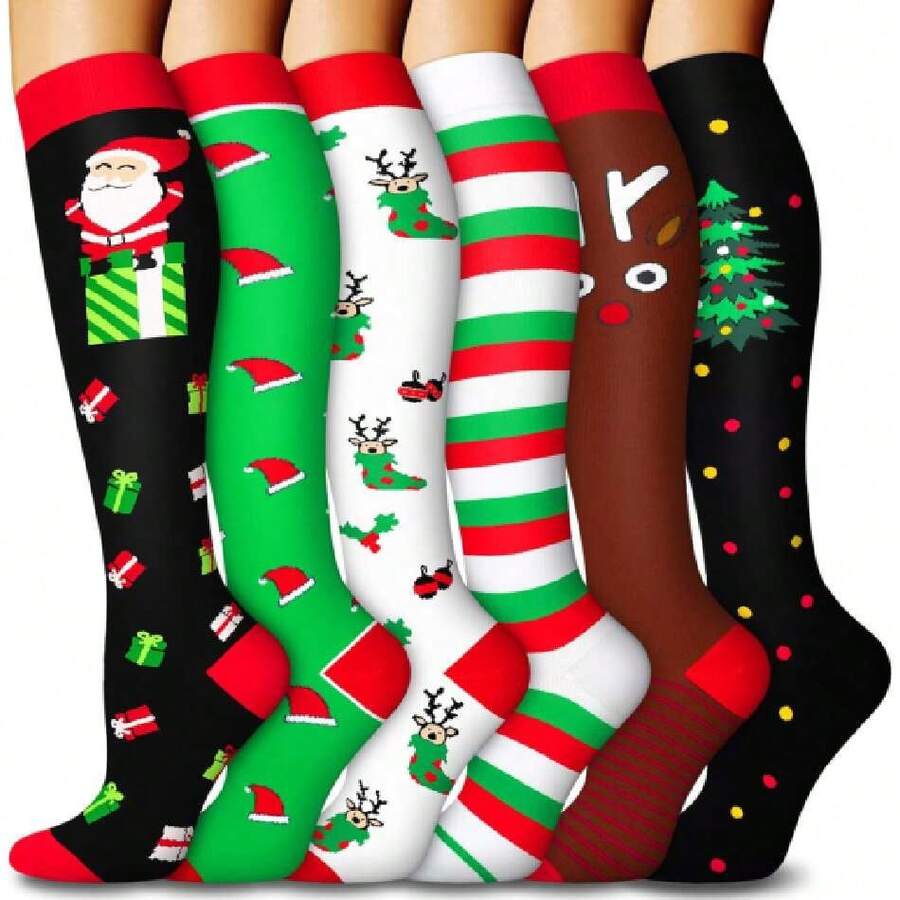 6 Pairs Compression Socks For Women & Men 15-20Hg Graduated Support Knee High Socks For Nurses, Travel, Athletic,36065393 - Màu xanh bụi bặm - Xem 1