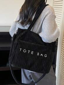 复古欧式时尚链条灯芯绒手提包，柔软刺绣字母优雅女士可拆卸肩带托特包 - 黑色 - 查看 6