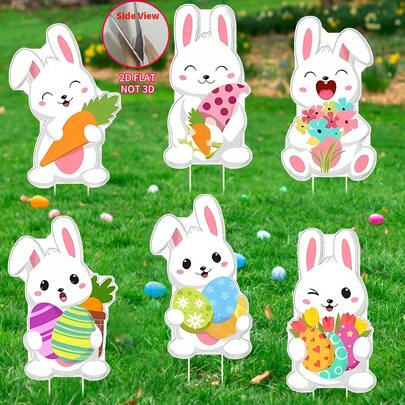 2 D Flat Printing, 6 Pieces Easter Outdoor Decor, Farmhouse Style Garden Decorative , Home Party Decoration,Outdoor Spring Walkway Party Supplies