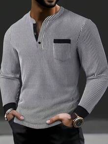 Men'S Textured Striped Stand Collar Long Sleeve Casual Henley Shirt, Breathable Fabric Machine Wash Suitable For Outdoor And Office Daily Wear - 黑色 - 查看 1