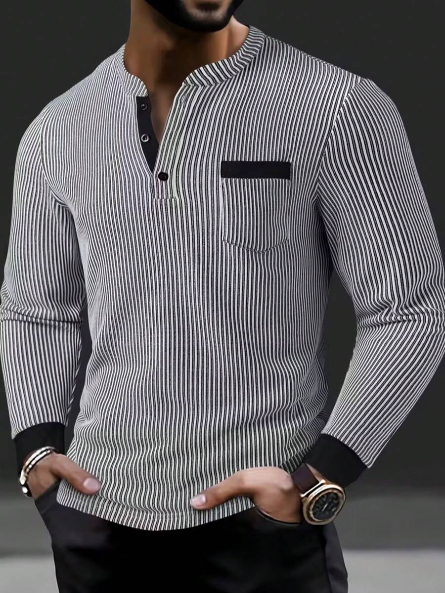 Men'S Textured Striped Stand Collar Long Sleeve Casual Henley Shirt, Breathable Fabric Machine Wash Suitable For Outdoor And Office Daily Wear - 黑色 - 查看 1