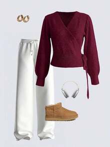 2025 Autumn/Winter Wrap Tie Knit Sweater, White, Women's Essential For Home, Commute, Date, Travel, Suitable For Various Occasions, Light Gray - Màu Đỏ Sâu - Xem 9