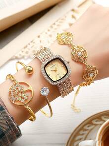 4pcs/Set"Women's Full Diamond Gold Watch & Tree Of Life Bracelet Set: Luxurious & Romantic Quartz Watch Combo For Valentine's Day Gifting" - Gold - View 2