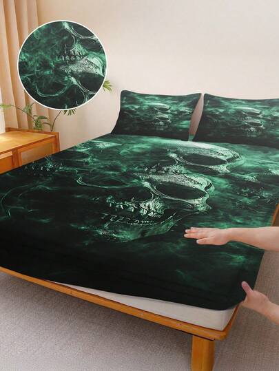 3pcs Green Smoke Skull Fitted Bed Sheets,Dark Mystical Skull Pattern Bedding,Includes 1 Large Sheet, 2 Pillow Covers.Room Decor Comfortable, Breathable, Anti - Pilling, Dustproof. Non - Slip, Fits Double, Full, Queen, King Beds. Machine Washable & Dry Cleanable. Ideal For Home & Bedroom Decor,Room Decoration Stuff.