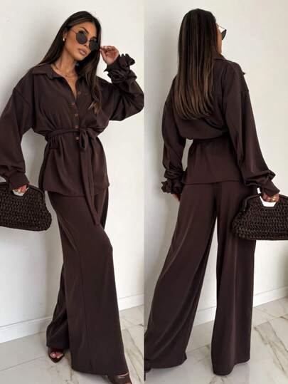 2pcs Set: Long Sleeve Solid Color Casual Elegant Tie-Front Button-Down Shirt And Pants, Suitable For Home, Office, Vacation, All Seasons Spring