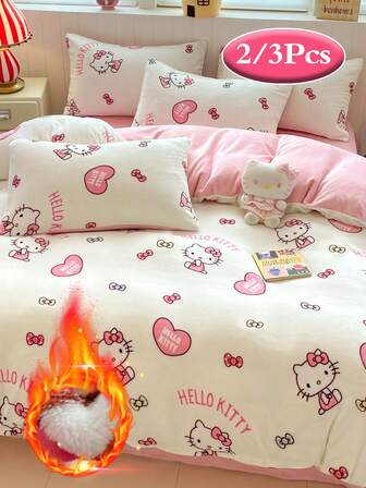 2/3pcs Sanrio Hello Kitty Autumn/Winter Warm Bedding Set, (1 Duvet Cover + 1/2 Pillowcase) Plush Duvet Cover, Soft & Cozy Single/Double Bed Duvet Cover Set, Suitable For Student Dormitory, Home Bedroom (No Filling)