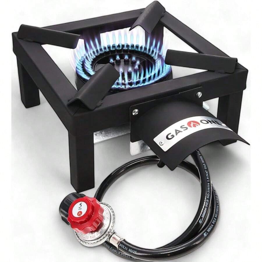 Quemador de propano individual de alta presion para cocina al aire libre con escudo termico y protector ideal para camping y porton trasero ebullicion rapida - como en la foto - Ver 1