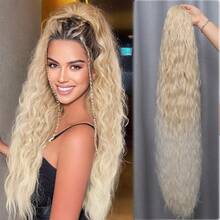 90cm Long Water Wavy Curly Drawstring Ponytail Extensions Ombre Blonde Black Brown Burg Long Fake Pony Tail Natural Soft Clip In Hairtail Extension Synthetic Heat Resistant Ponytail Hairpiece For Women Daily Wear ﻿1pc - Multicolor - View 11