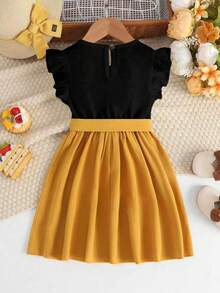 Young Girl Letter Print Ruffle Hem Dress - Yellow - View 2