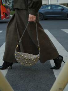 Punk Street Style Rivet Adjustable Strap Women Crossbody Saddle Bag - Light Grey - View 11