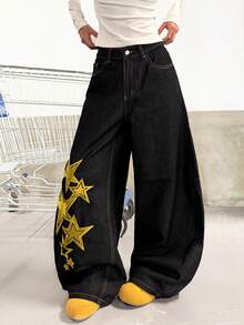 1件装 女士复古街头风刺绣筒裤，宽松阔腿牛仔裤，时尚百搭四季裤（不含腰带/配饰） - 黑色 - 查看 6