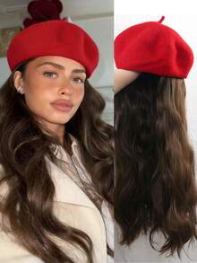 26英寸女士红色贝雷帽假发，棕色长卷发合成假发，时尚可拆卸女士假发，耐热合成纤维，适合日常佩戴 - 棕色 - 查看 11