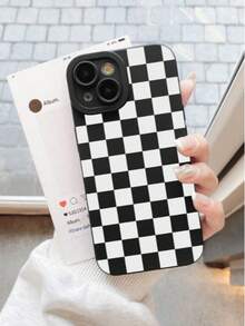 1pc Checkerboard Phone Case, Chessboard Pattern 360 Degree Protection, Lens Protection Matte TPU Frosted Phone Case Compatible With IPhone & Galaxy, 16, 16 Pro Max, 16 Pro, 16 Plus - Black and White - View 2