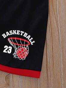 Young Boy Contrast Trim Letter Graphic Tank Top And Shorts Set - Black - View 5