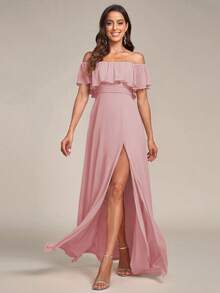 Off Shoulder Ruffles Sleeve Side Split A-Line Bridesmaid Dress Wedding Guest Dress Wedding - Baby Pink - View 5