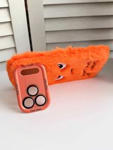 适用于苹果17/16/15/14/13/12/11 Pro Max的橙色毛绒手机壳，“别碰我的手机”字样，愤怒表情刺绣，带防摔镜头支架 - 橘色 - 查看 5