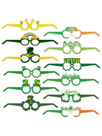 18/6 piezas Gafas decorativas de elementos afortunados del Día de San Patricio, tema del Día de San Patricio, diseño mixto de varios estilos con un fuerte efecto decorativo, material de papel, estilo festivo y extravagante, siendo el verde y el amarillo los colores principales, con trébol, herradura y estampados de elementos irlandeses, diseño de gafas decorativas