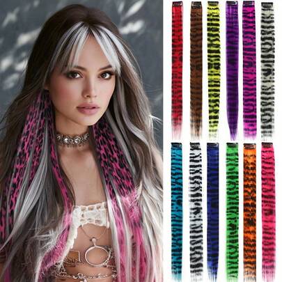 豹纹彩色接发直发彩虹派对挑染合成直发长发片派对挑染彩色夹式接发紫色彩色夹式直发时尚发片万圣节角色扮演装扮派对