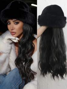 26英寸女士黑色毛绒渔夫帽假发，金色长波浪合成假发，时尚可拆卸女士假发，耐热合成纤维。 - 金色 - 查看 14