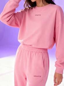 2025 Autumn/Winter New Arrival: Solid Color Casual Wear, Loose-Fitting Warm Long-Sleeved Crew Neck Sweatshirt With Elastic Waist And Drawstring Pants, Women's Two-Piece Set - 粉色 - 查看 3