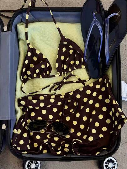 Ladies' Brown Base Color With Light Yellow Polka Dot Off-Shoulder Bikini, High Waist Split-Style Beach Vacation Three-Piece Swimsuit Set With Shoulder Straps Summer Spring 2026,Birthday Outfits For Women,Gym Wear Women,Elegant Dress Women,Elegant Dress Women,Vacation Outfits Women,Going Out Top