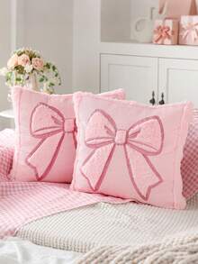 Vỏ gối nơ hồng, thêu nơ hồng, chất liệu mềm mại, dễ thương, kiểu dáng sinh viên, phù hợp trang trí nhà cửa, dùng cho ghế sofa, tiệc tùng, bữa tối, lễ Phục sinh và các ngày lễ khác. - Nơ lớn màu hồng - Xem 1