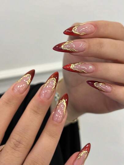 10片手工细高跟红色猫眼法式全贴假指甲，饰以金色滚边，时尚精致。轻松打造美甲造型，为指尖增添一丝浪漫气息，同时大胆展现您的时尚品味。完美适用于派对、晚宴和日常佩戴，是送给女性和女孩的绝佳礼物。也适合新年和情人节。