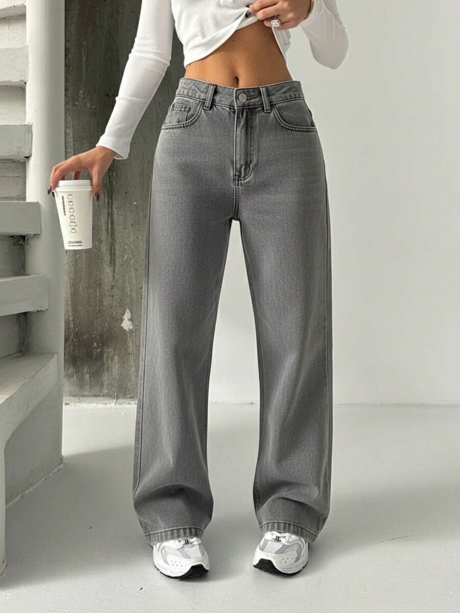 Jeans de cintura alta y pierna ancha para mujeres, de unicolor con bolsillos, botones y cremallera, para uso diario - Gris - Ver 1