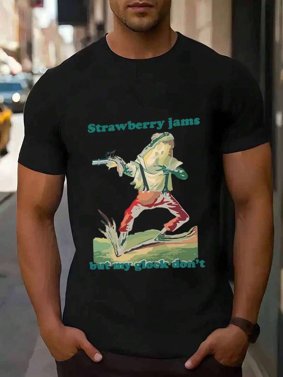 Camiseta de Verano para Hombre de Manga Corta Negra con Estampado Gráfico de Mermelada de Fresa - Camiseta Casual de Corte Regular con Cuello Redondo Lavable a máquina para ropa casual. Estilo de ropa urbana. Obra de arte audaz. Construcción duradera. Top estampado. Estilo urbano - Negro - Ver 1