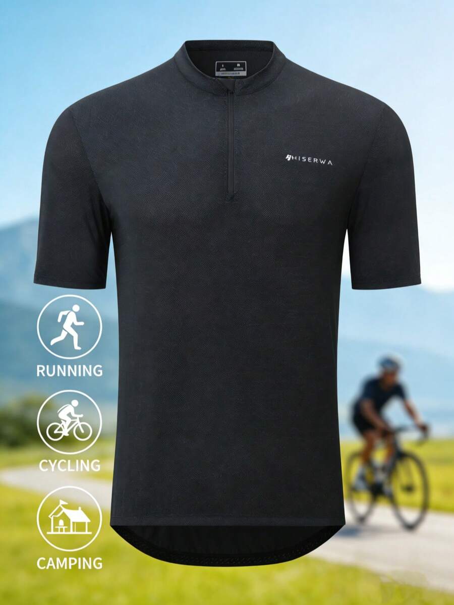 HISERWA 骑行服男友风短袖公路自行车服，半拉链带口袋，透气速干 - 黑色 - 查看 1