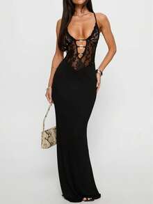 Elegant Spaghetti Strap V-Neck Backless Lace Patchwork Sheer Maxi Sexy Dress - Black - View 3