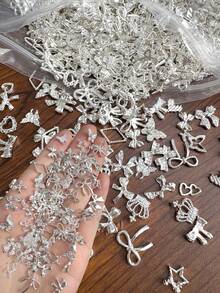 50件套Y2K银色混合金属美甲装饰品，银色混合心形、蝴蝶结、皇冠、水钻合金套装，闪亮珠宝美甲装饰，情人节送给女性和女孩的美甲礼物 - 彩色 - 查看 8