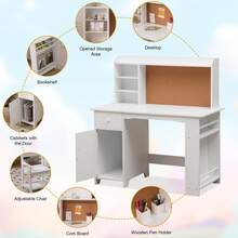 Juego de Escritorio Infantil Blanco 3-8 Años con Estantería y Tablón de Anuncios, Mesa de Madera con Cajón y Gabinete para Niños y Niñas - Blanco - Ver 4