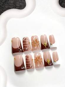 10片装棕白美甲贴纸套装，包含法式极简裸色美甲贴纸、精致花朵、星星美甲装饰、棕色指甲油凝胶，三种形状：杏仁形、鸭嘴形、棺材形。套装包含美甲工具（1片果冻贴纸+1把指甲锉）。适合派对、秋冬季、聚会、日常美甲。手工美甲贴片。 - 彩色 - 查看 17