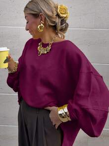 Spring Round Neck Loose Batwing Sleeve Casual Elegant Wine Red Women Sweater, Suitable For Daily, Outing, Commuting - Burgundy - View 3