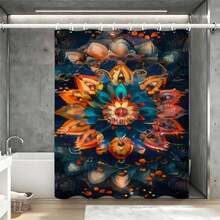 1 pieza Cortina de ducha con patrón de mandala floral iridiscente, diseño reflectante azul y naranja, decoración de baño soñadora, cortina de ducha impermeable de poliéster con ganchos - Multicolor - Ver 5