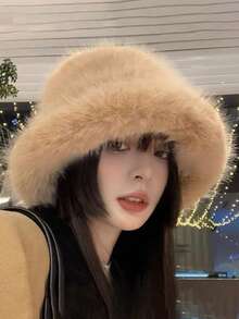 Women's Plush Gradient Faux Fur Bucket Hat, Thick Warm Fluffy Faux Fox Fur Luxury Panama Bucket Hat For Winter - Multicolor - View 6