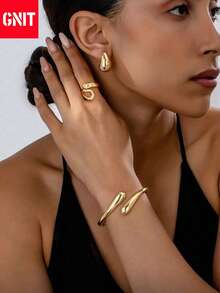 GNIT 镀金夸张首饰套装：水滴耳环、叠戴戒指、开口手镯，优雅时尚，适合日常佩戴、派对首饰、情人节礼物、母亲节礼物、DIY配件、节日礼物、毕业首饰、女士晚礼服配饰 - 水滴 - 查看 3