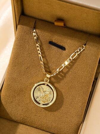 1pc Classic European Style Copper Material Saint Michael Archangel Double-Sided Rotatable Pendant Necklace, Suitable For Christmas/Thanksgiving/Halloween/Mother's Day/Valentine's Day Couples/Friends/Godparents Gift, Catholic First Communion, Everyday Wear And Prayer