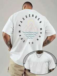 100% Pure Cotton Double-Sided Printed T-Shirt - White Short Sleeved Mountain And Wave Landscape Design, With Inspired "Passenger" And "Made To" Text, Casual And Loose Style, Suitable For Travel And Outdoor Activities (Machine Washable) - White - View 1