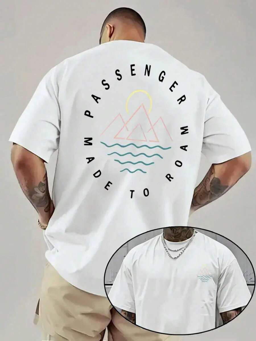 100% Pure Cotton Double-Sided Printed T-Shirt - White Short Sleeved Mountain And Wave Landscape Design, With Inspired "Passenger" And "Made To" Text, Casual And Loose Style, Suitable For Travel And Outdoor Activities (Machine Washable) - White - View 1