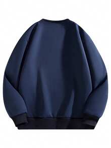 Thermal Lined Faux Wool Men's Winter Crew Neck Pullover Sweatshirt, Casual Polyester Knit Base Layer, Long Sleeve, Round Neck, Regular Fit, Outdoor Leisure, Autumn/Winter Series - Blue - View 2