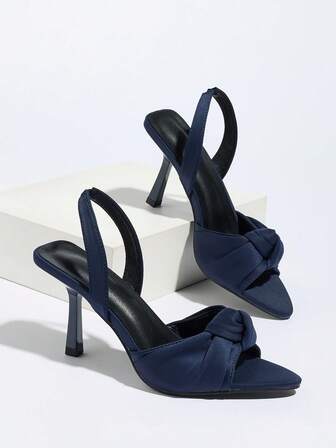 Women's Pleated Knot Decor Pointed Toe Elastic Strap High Heel Sandals, Elegant For Party, Daily Wear, Gathering, Commuting, Spring/Summer, Satin Navy Blue High Heel Sandals, Graceful Ladies' High Heel Sandals Suitable For Dresses, Gowns, Weddings
