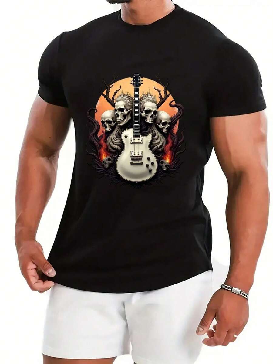 Camiseta gráfica de manga corta negra para hombres - Calavera; Impresión de guitarra. Camiseta casual de verano. Tela de poliéster suave. Cuello redondo. Ajuste Regular. Tallas para adultos. Ropa para fanáticos de la música, camisa con estampado de calavera, ropa casual duradera - Negro - Ver 1