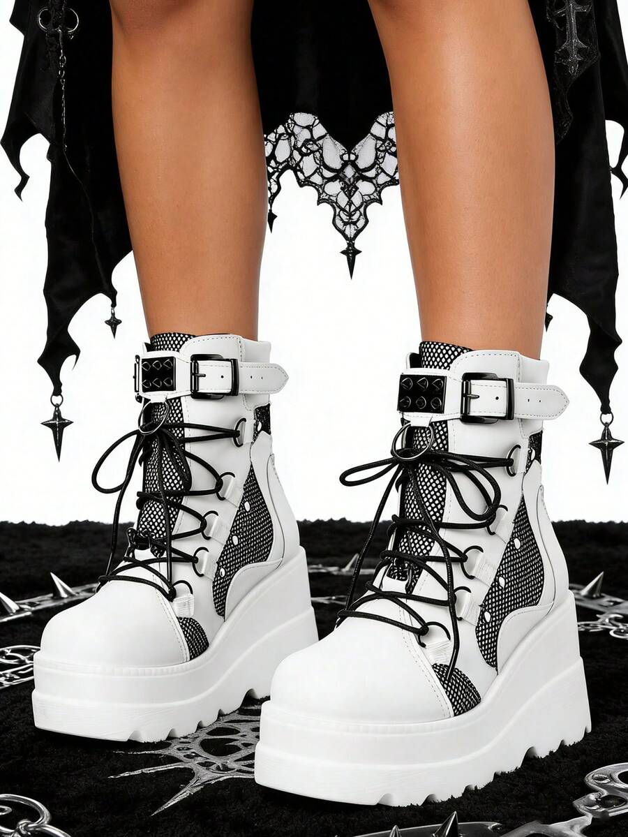 Y2K Gothic Punk Women Combat Boots High Wedges Lace Up Mesh Buckle Cool Fashion Cosplay Girls Motorcycle Shoes - 白色 - 查看 1