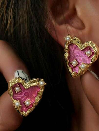 1 Pair Elegant Gradient Fingerprint Heart Asymmetrical Texture Sophisticated Heart-Shaped Earrings, Valentine's Day Gift