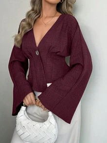 Doriss Asymmetric Button-Up Bell-Sleeve V-Neck Cinching Waist Shirt, Spring & Summer, Valentine's Day, Elegant Ladies, Summer Holiday Outfits, Weddings & Events, Going Out Outfits, Vacation Outfits Women, Beach Outfits For Women, Spring Break Outfits - Burgundy - View 4